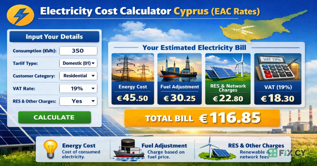 Υπολογιστής Κόστους Ηλεκτρικής Ενέργειας Κύπρου (Τιμές ΑΗΚ 2026)